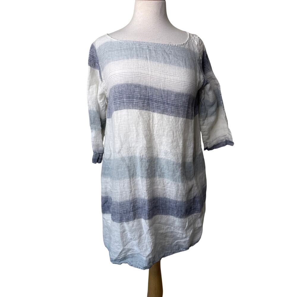 STELLA BIANCA Italy 100% Linen 3/4 Sleeve Tunic White Blue Stripe Small